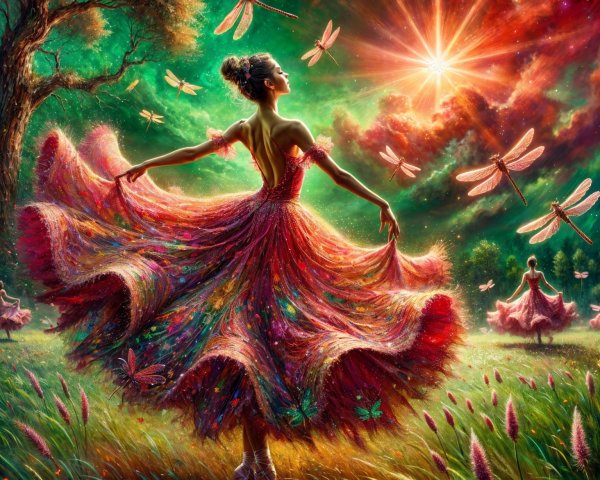 Dancer in Colorful Dress Amidst Enchanted Meadow