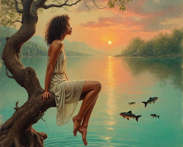 Young Woman on Tree Branch by Tranquil Lake at Sunset