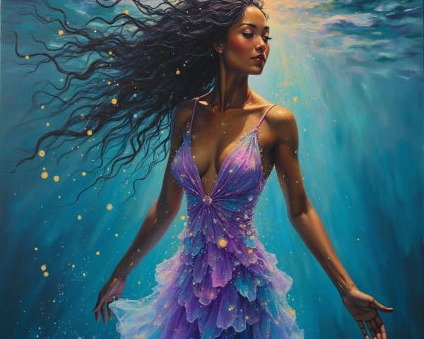 Woman in flowing dress emerges from blue waters