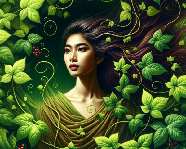 Portrait of East Asian Woman in Lush Greenery