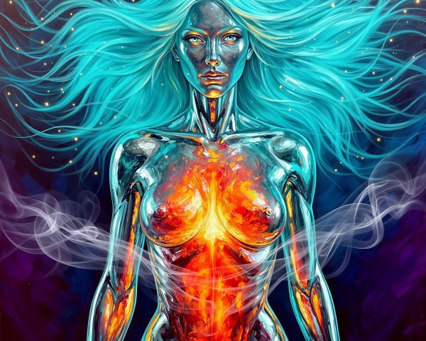 Digital painting of a woman with metallic skin and flames