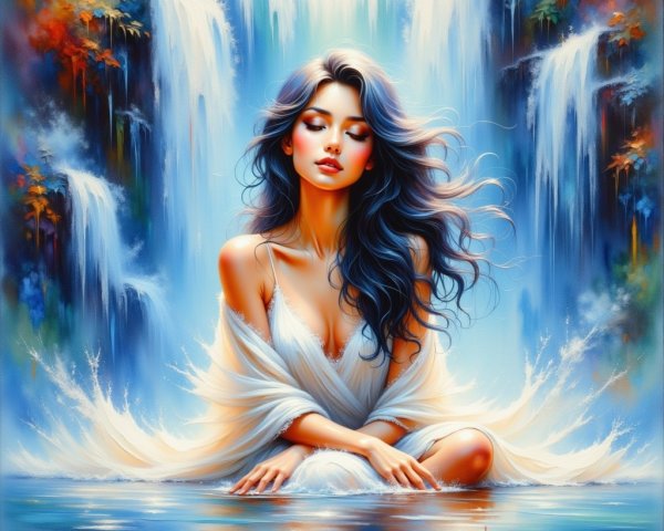 Serene Woman in Tranquil Pool Surrounded by Waterfalls