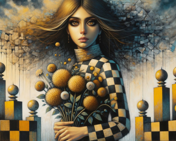 Portrait of a Young Woman with Flowers and Abstract Background