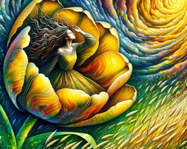 Woman in Tulip Surrounded by Golden Wheat Fields