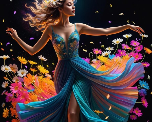 Elegant figure in embroidered gown with floral backdrop