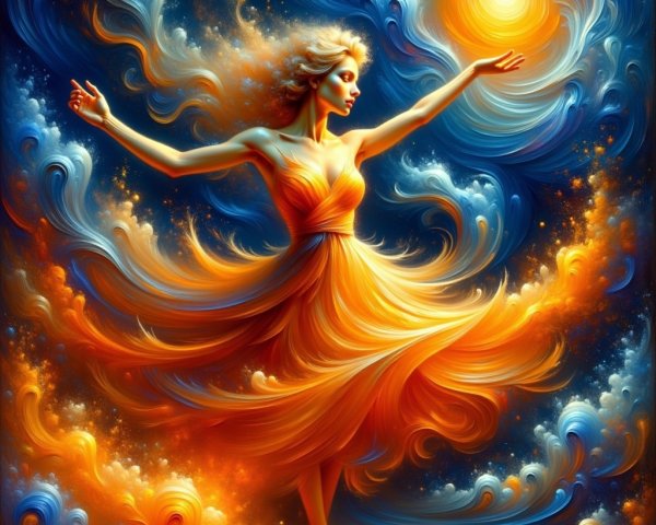 Woman in Orange Dress Dancing with Colorful Swirls