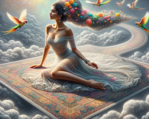 Whimsical Scene of Woman on Carpet Among Clouds