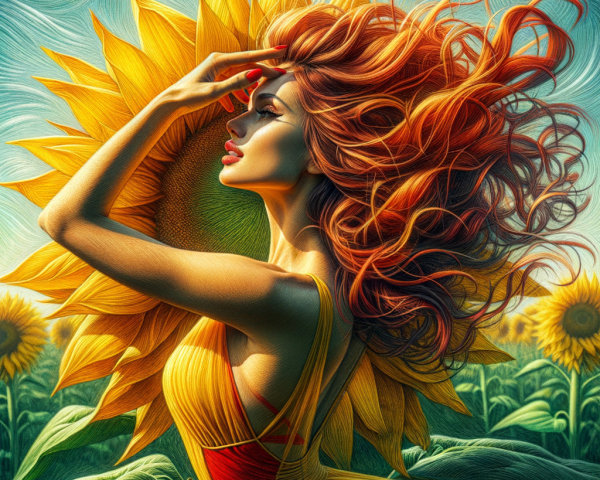 Whimsical Scene of Woman in Sunflower Field