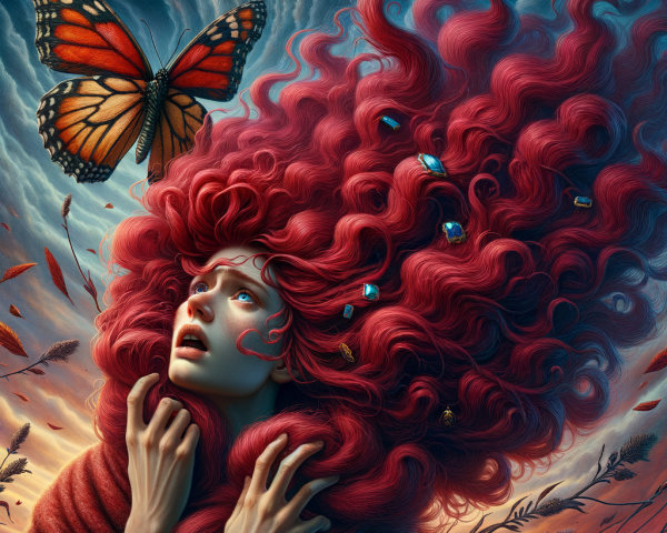 Woman with Red Hair and Butterfly in Enchanting Scene