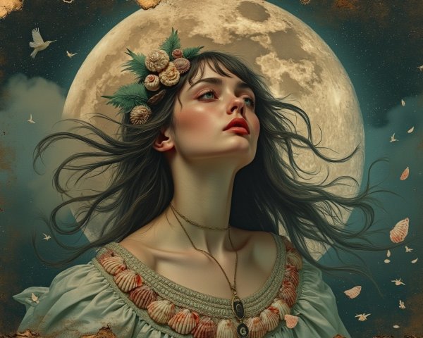 Young woman in pale dress amidst a dreamlike setting