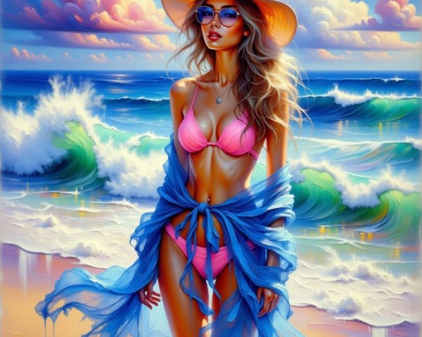 Sun-kissed woman in pink bikini at vibrant beach