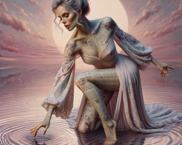 Ethereal figure in lace dress by moonlit water