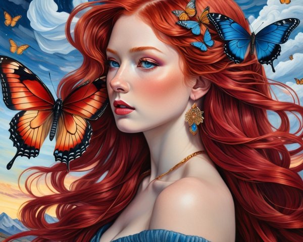 Portrait of a woman with red hair and butterflies