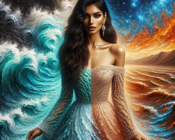 Elegant Figure in Gown of Turquoise and Orange