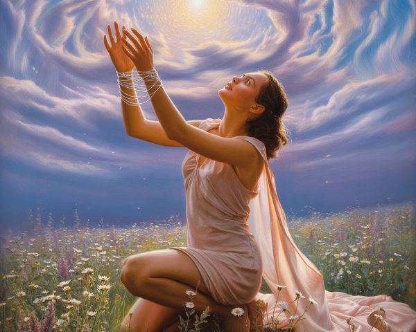 Young Woman in Meadow with Luminous Clouds and Light