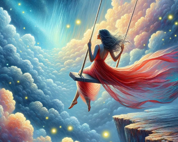 Woman in Red Dress Swinging in Starry Sky
