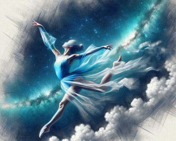 Ballerina in Cosmic Landscape with Starry Background