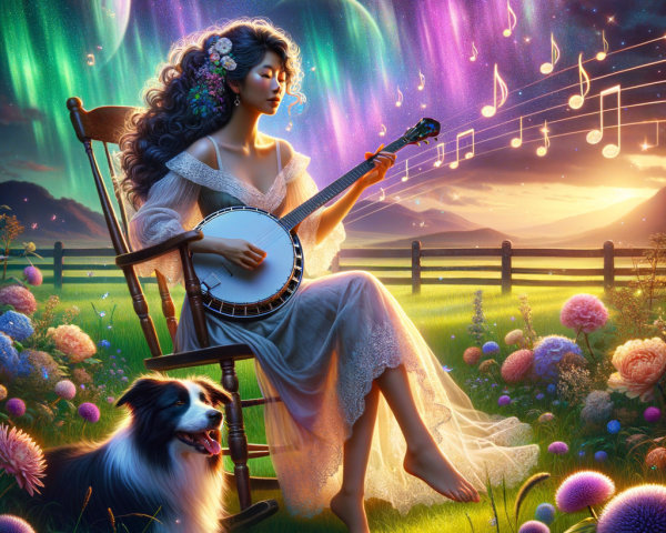 Woman in White Gown Playing Banjo in Dreamlike Landscape