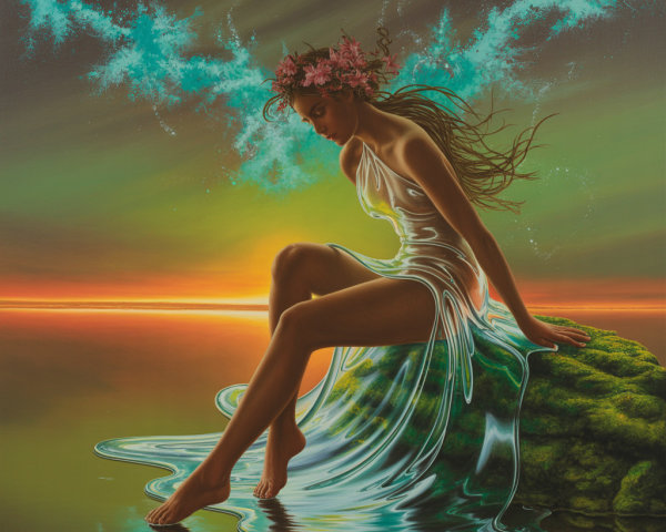 Serene Woman in White Dress by Sunset and Water