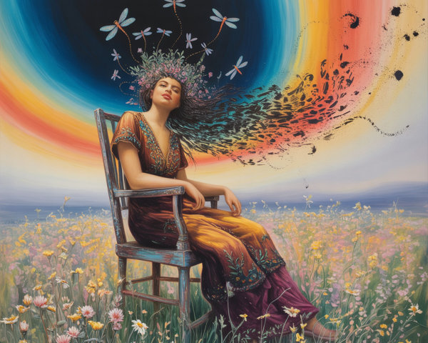 Serene Woman in Rustic Chair Amid Colorful Landscape