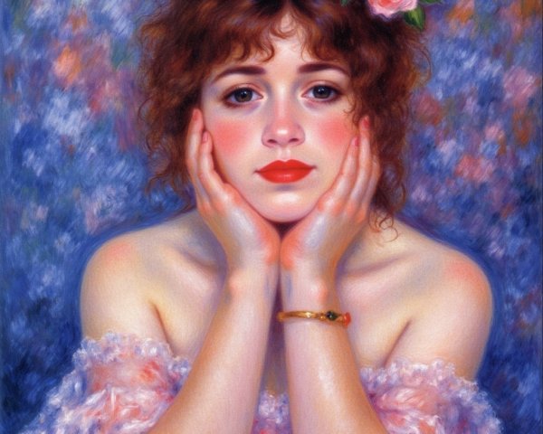 Young Woman with Curly Hair and Pink Roses