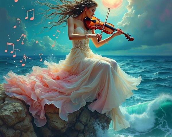 Young Woman in Gown Playing Violin by Ocean Moonlight