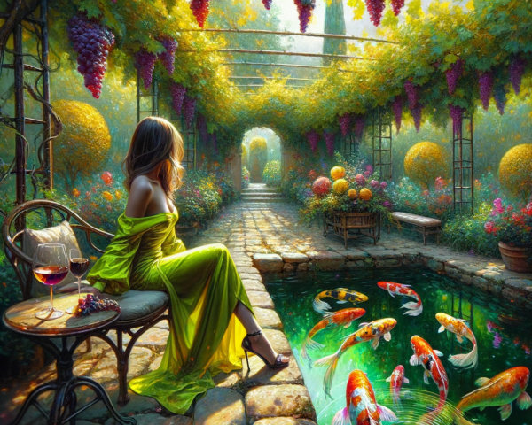 Serene Garden Scene with Woman by Tranquil Pond