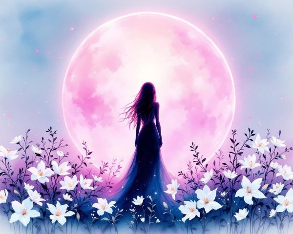 Silhouette of Woman in Field Under Pink Full Moon