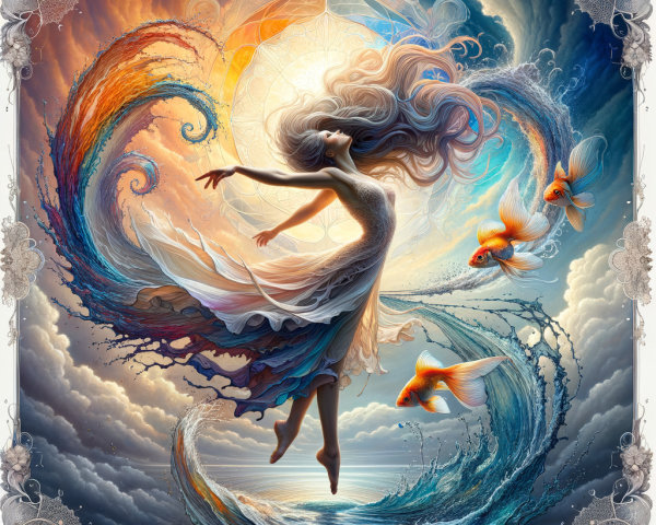 Dancer in Vibrant Ocean Waves and Colors