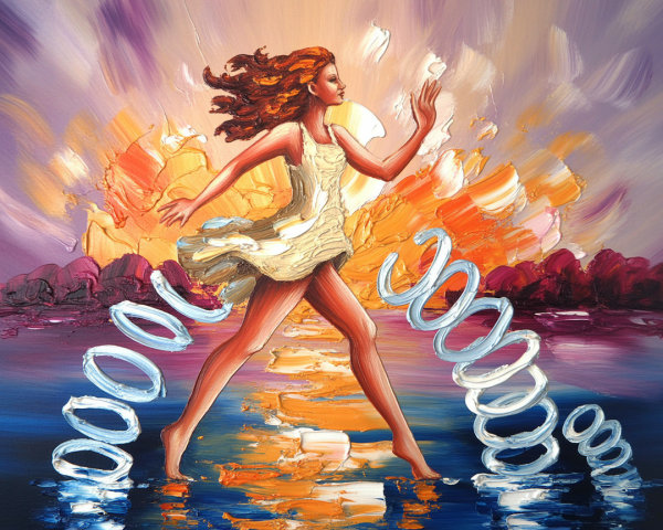 Colorful painting of a woman walking on water