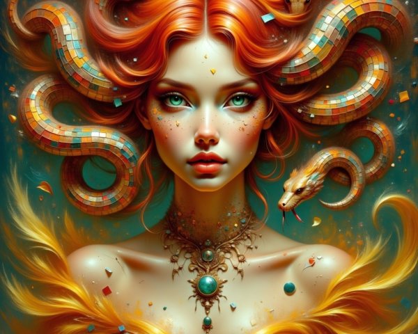 Portrait of a woman with red hair and colorful scales