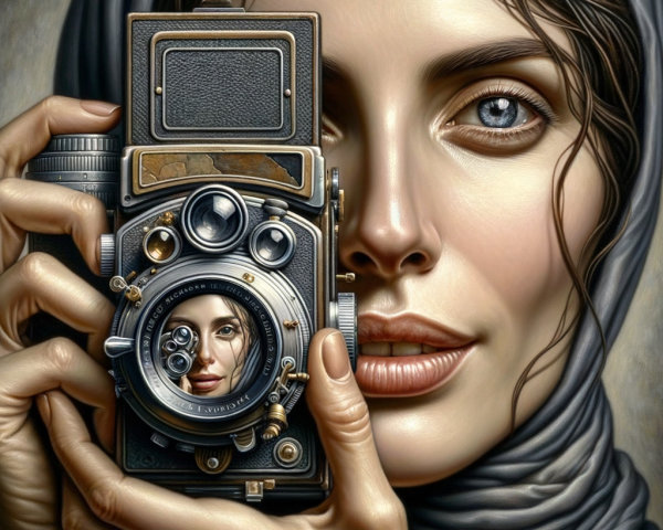 Woman with Vintage Camera and Flowing Scarf