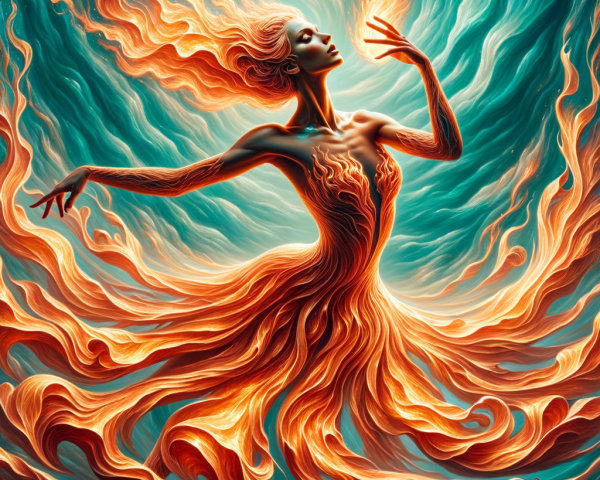 Woman Dancing in Flames Against Turquoise Background