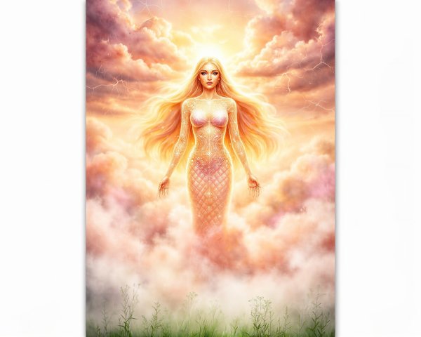 Goddess figure in clouds with iridescent scale pattern