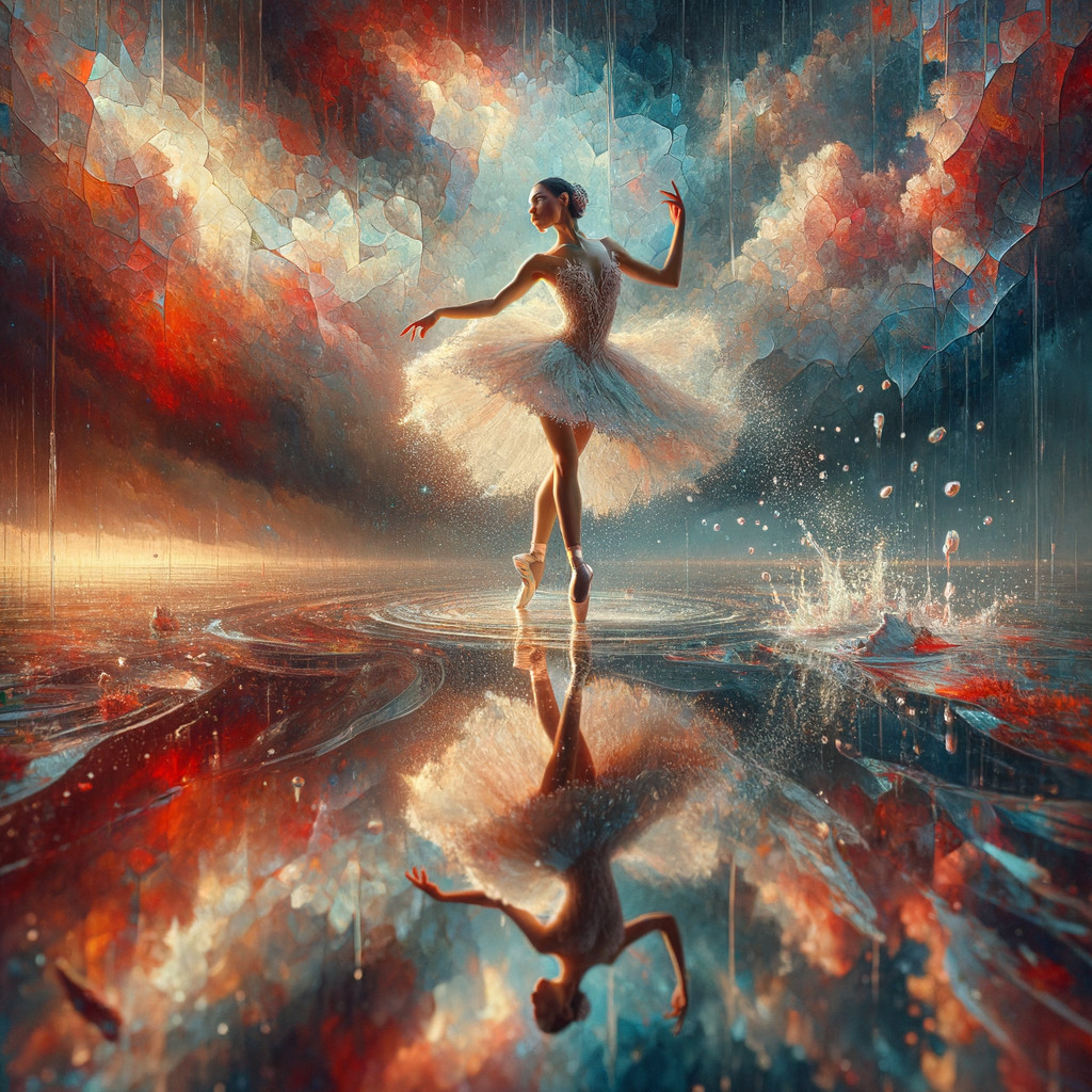 Ballerina Dancing on Reflective Surface with Clouds