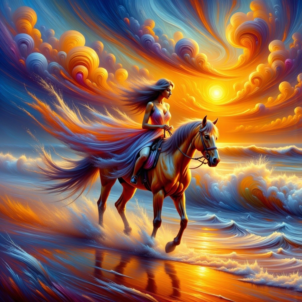 Woman on Horse by Shoreline at Sunset