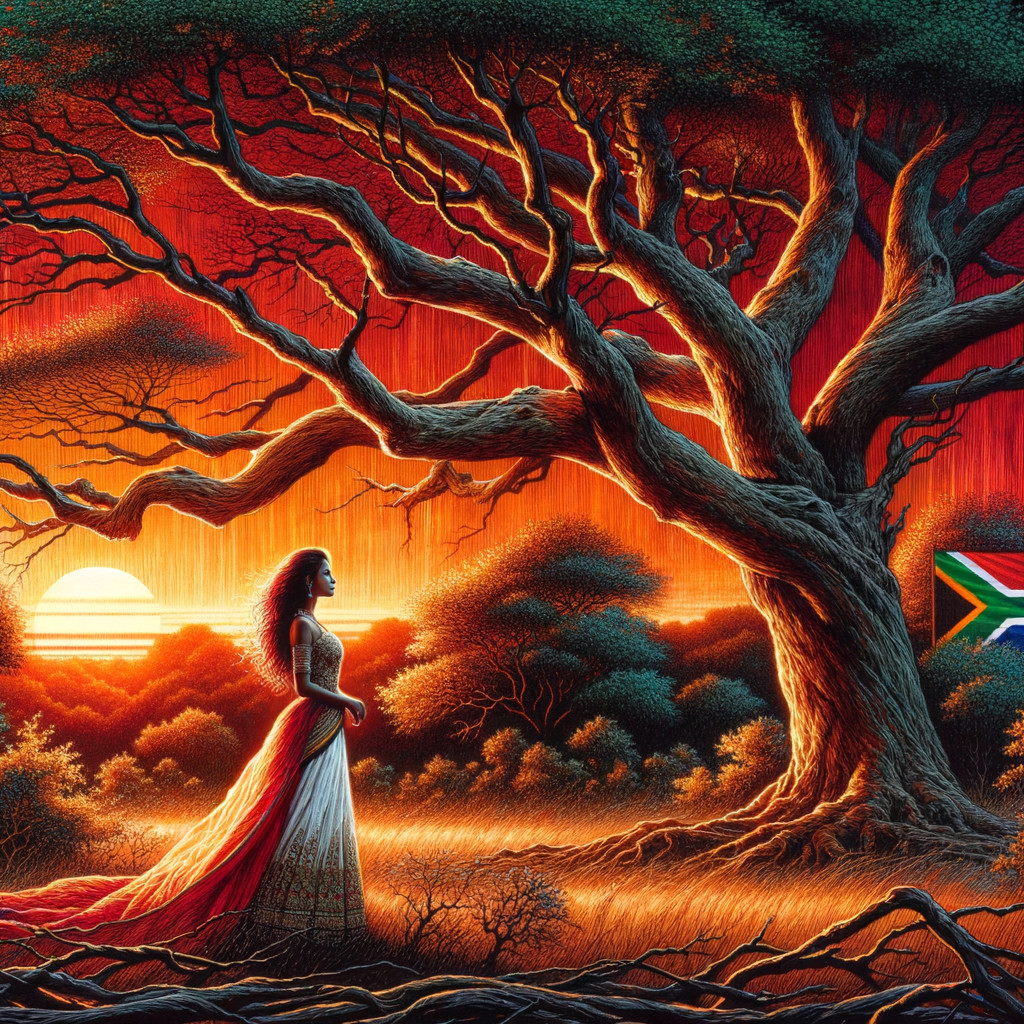 Silhouette of Woman in Dress by Sunset and Tree