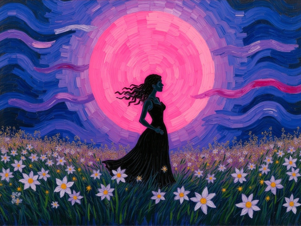 Silhouette of a Woman in a Flower Field at Night
