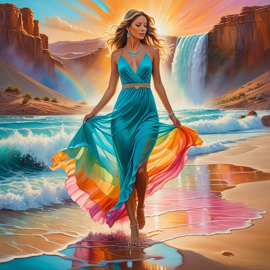 Graceful Figure in Turquoise Gown at Vibrant Beach