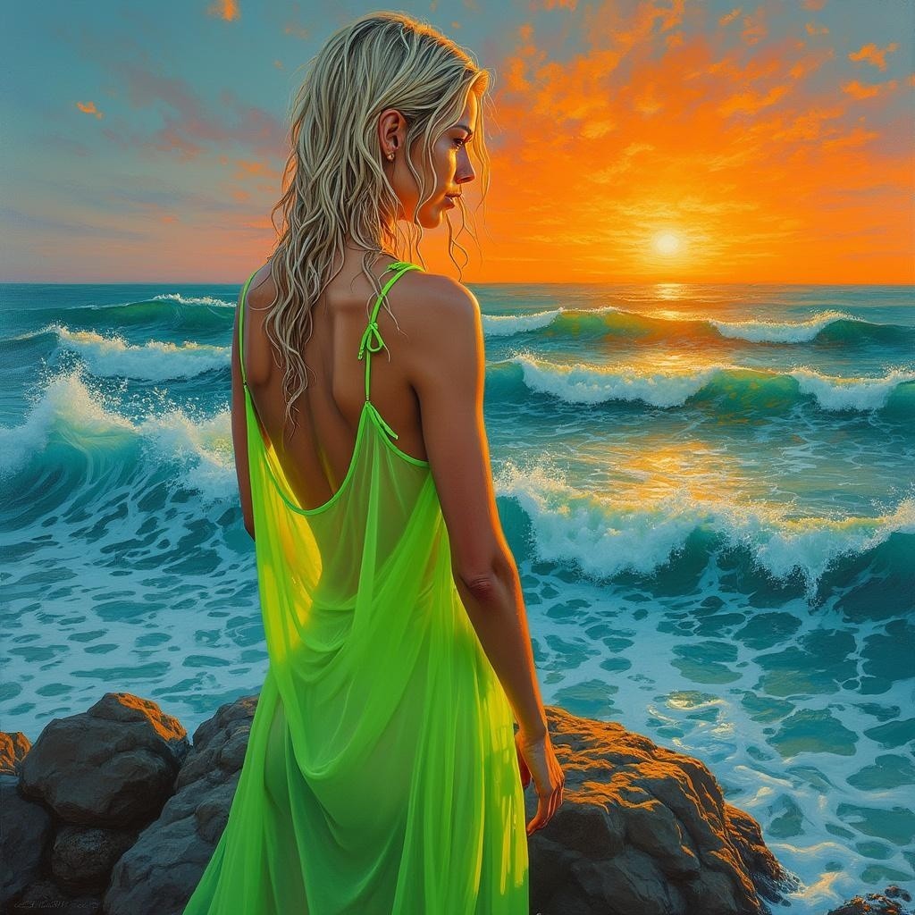 Woman in Green Dress at Sunset on Rocky Shores