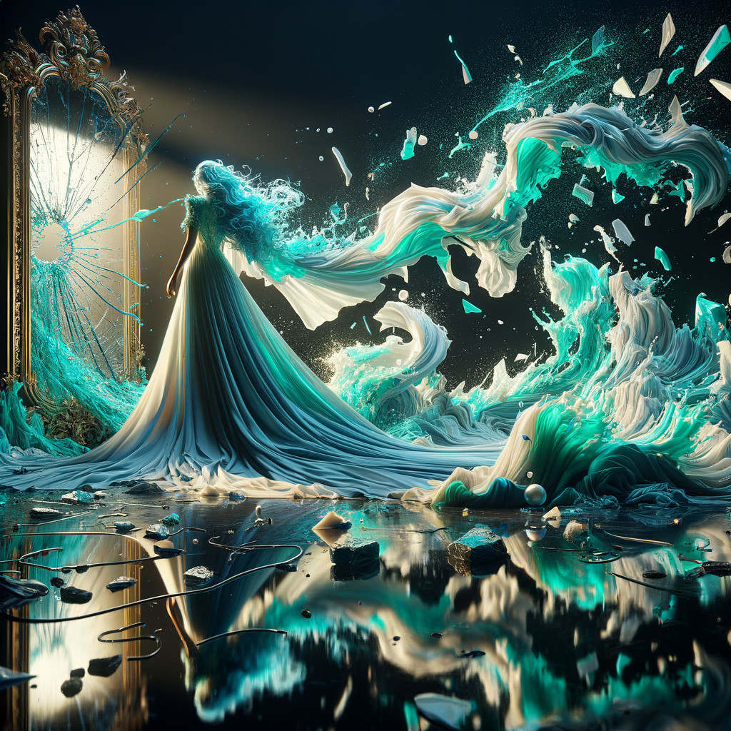 Mystical Scene with Ethereal Gown and Shattered Mirror