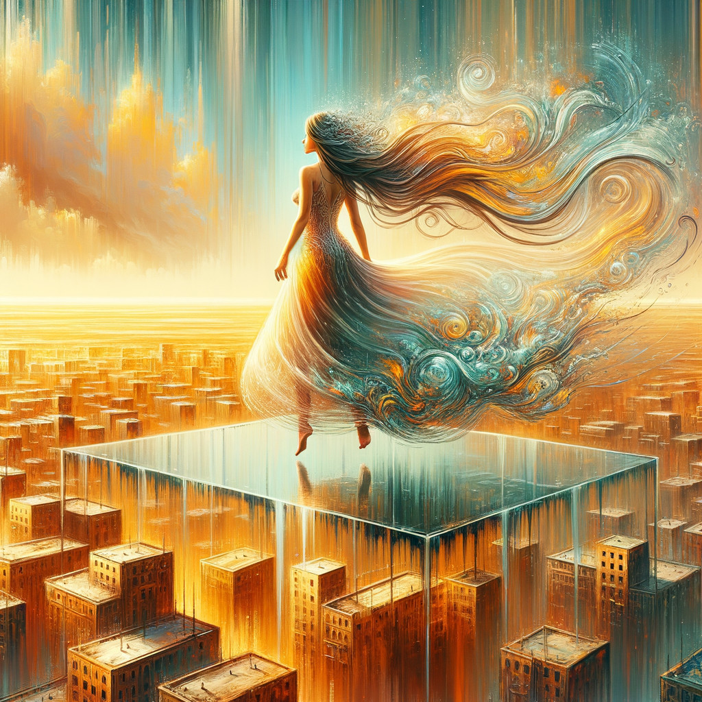 Surreal Figure on Translucent Platform Over Cityscape