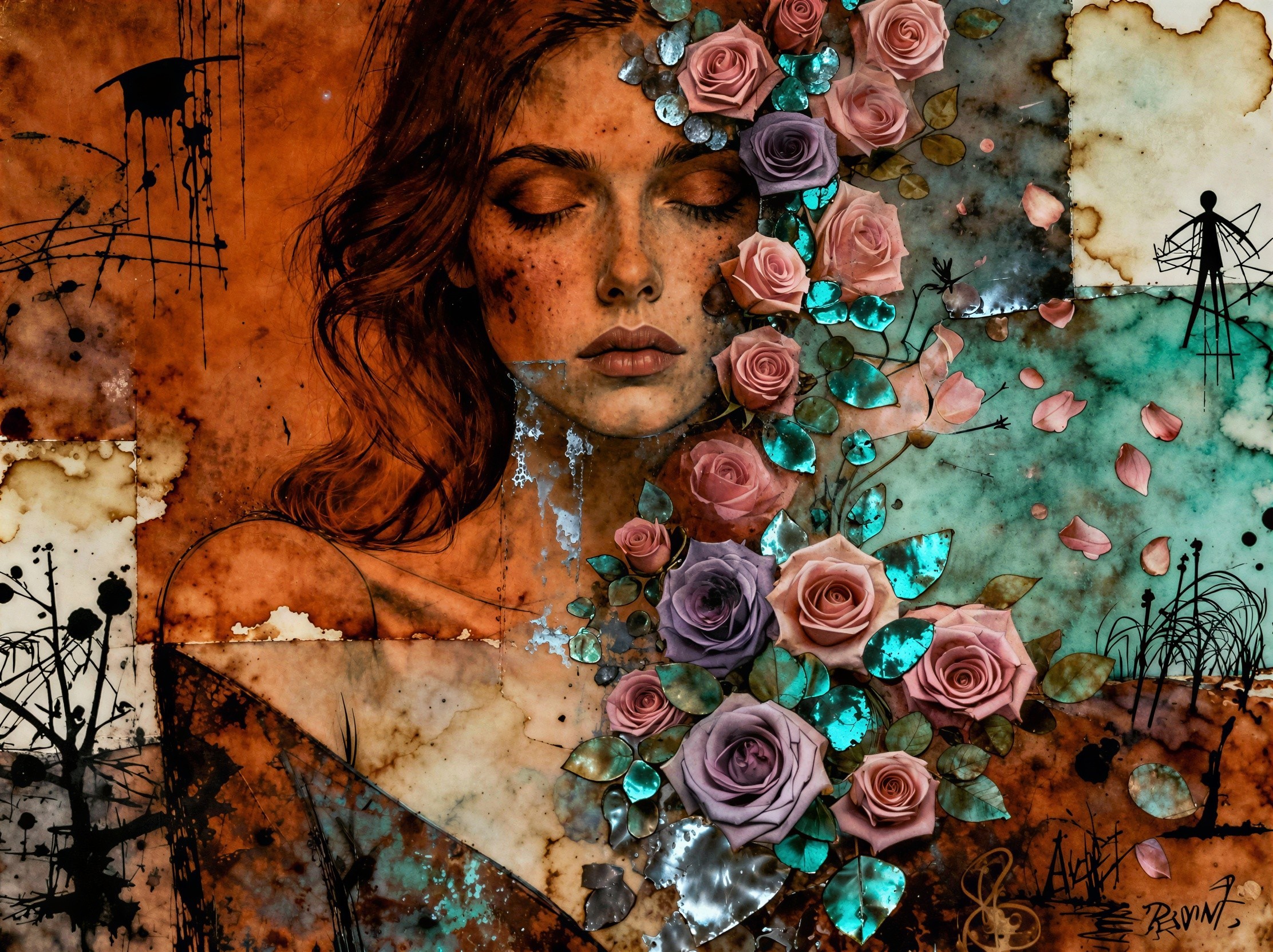 Watercolor Digital Painting of a Woman with Roses