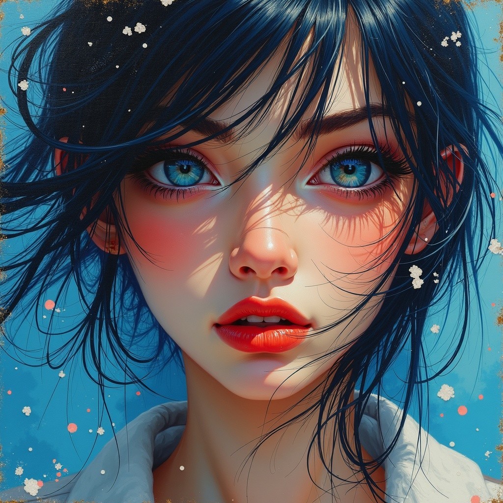 Portrait of a Young Woman with Blue Eyes and Dark Hair