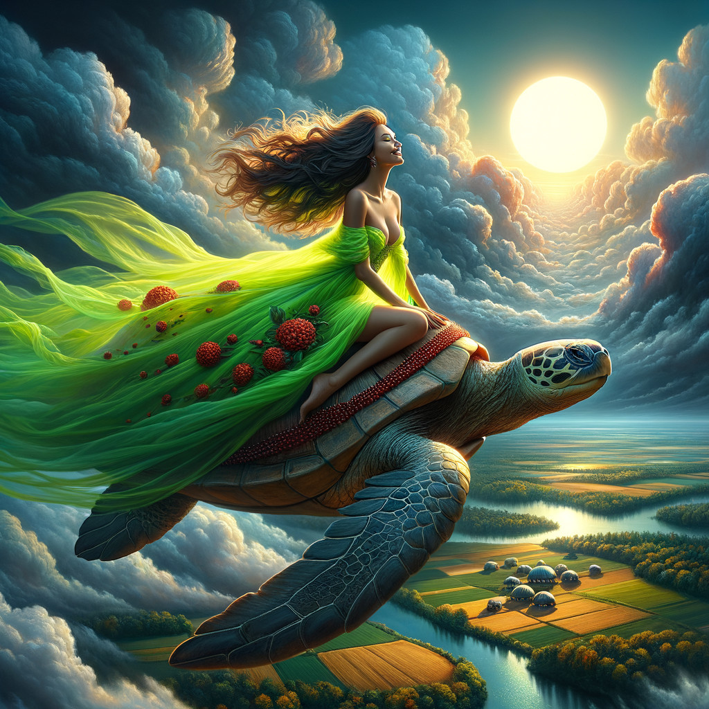 Woman in Green Dress Riding Turtle in Dreamy Landscape