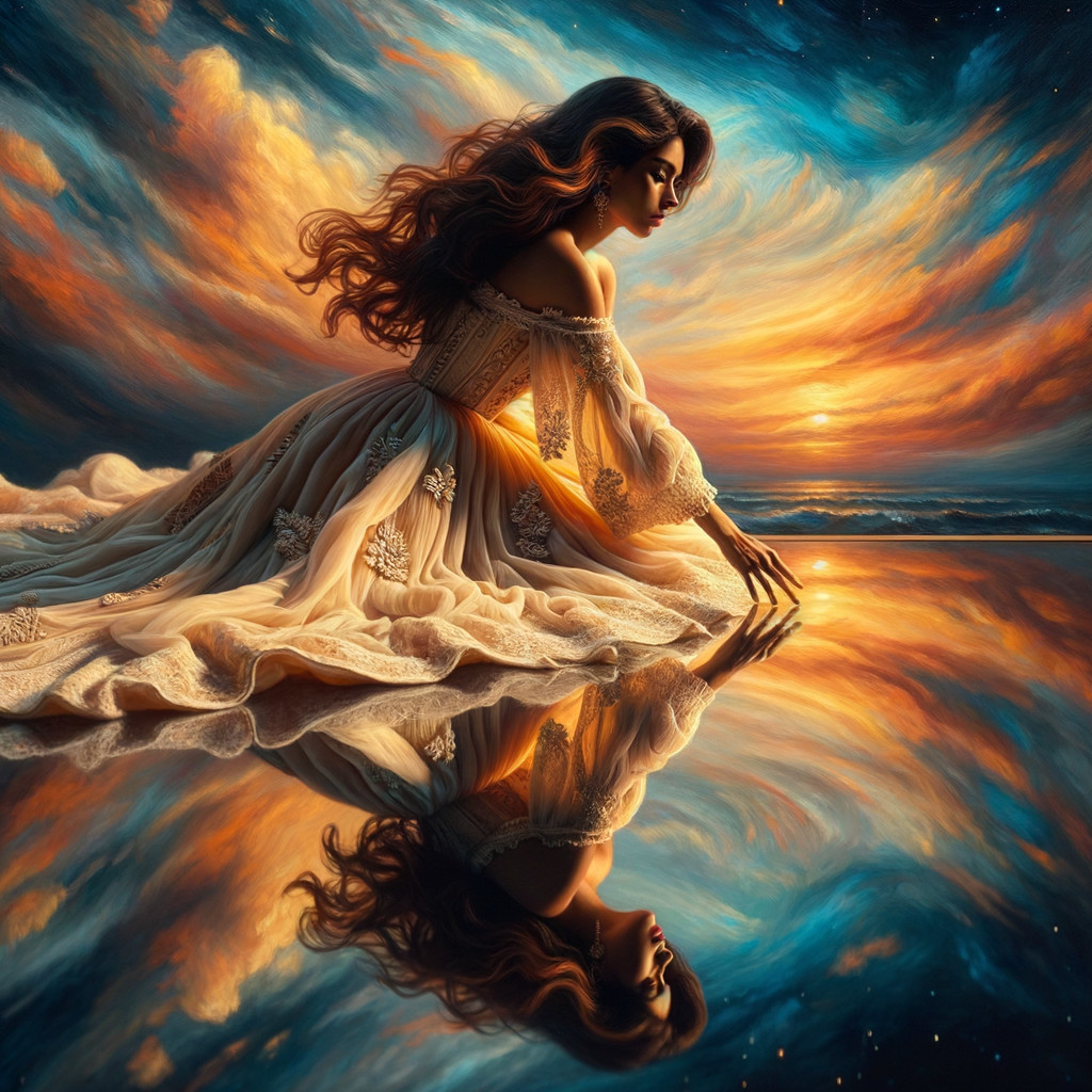 Woman by Calm Lake at Vibrant Sunset