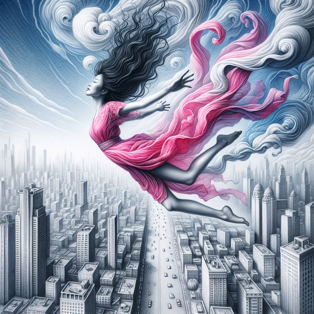 Woman in Pink Dress Flying Over Cityscape