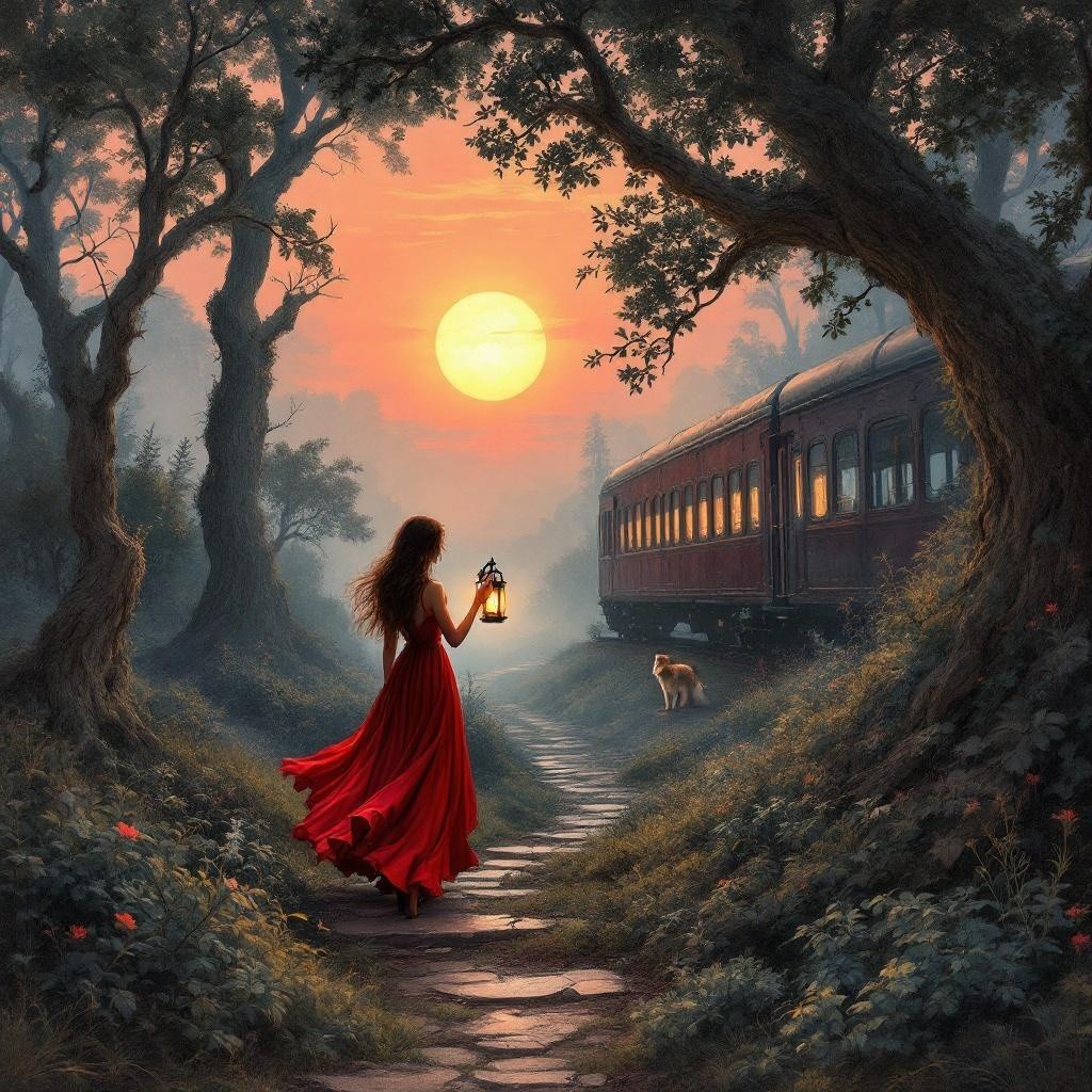 Twilight Scene of Woman in Red Dress with Lantern