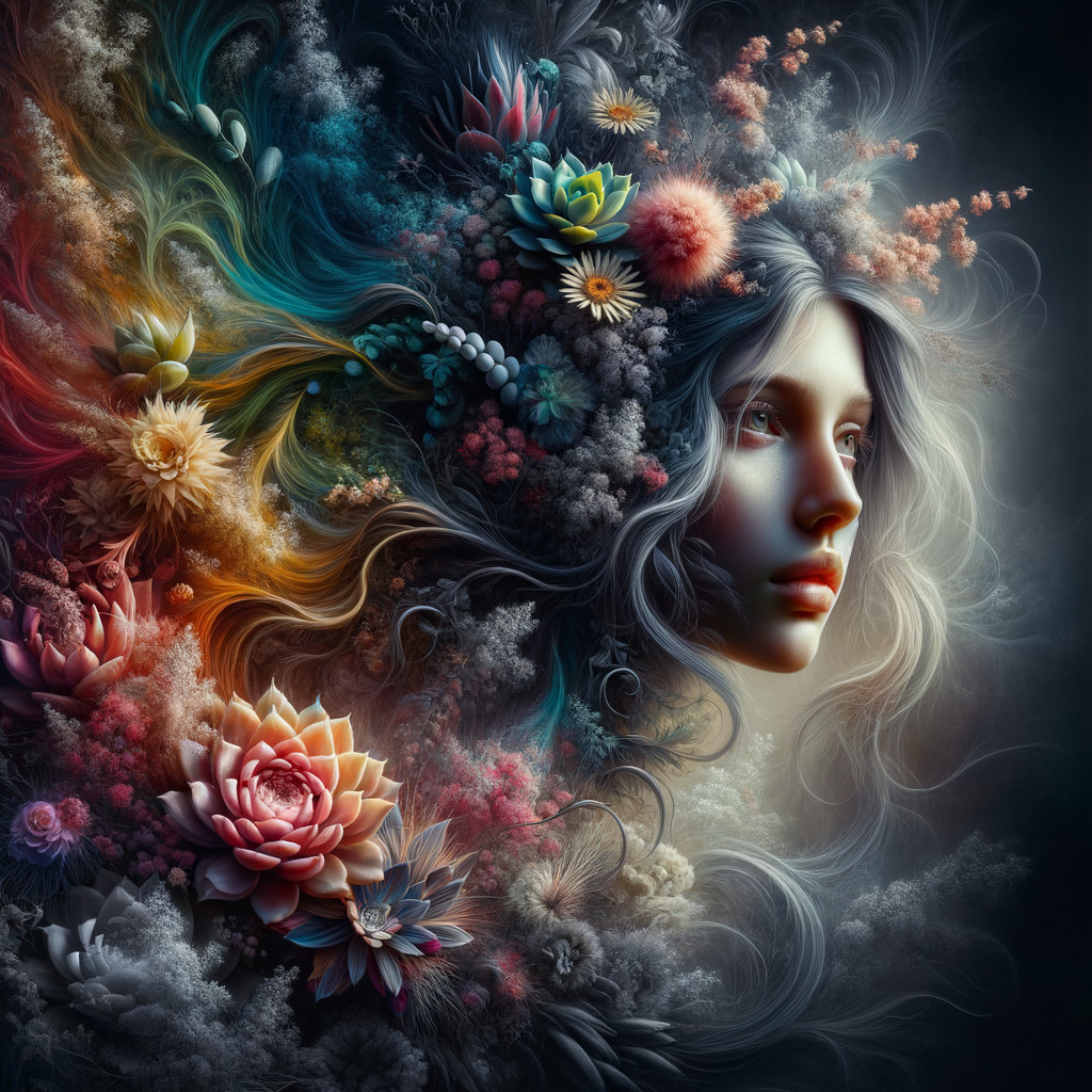 Surreal Portrait of Woman with Flowers and Colors