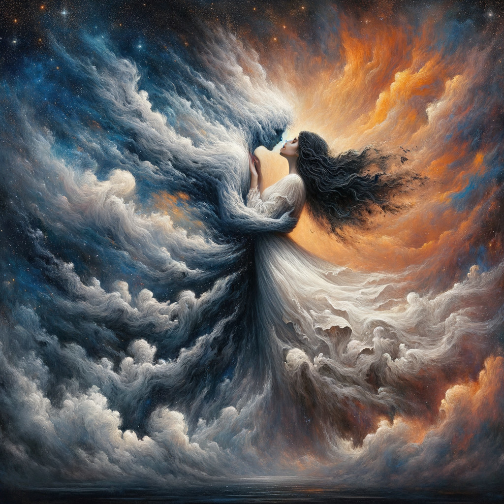 Ethereal Scene of Figures in Colorful Clouds